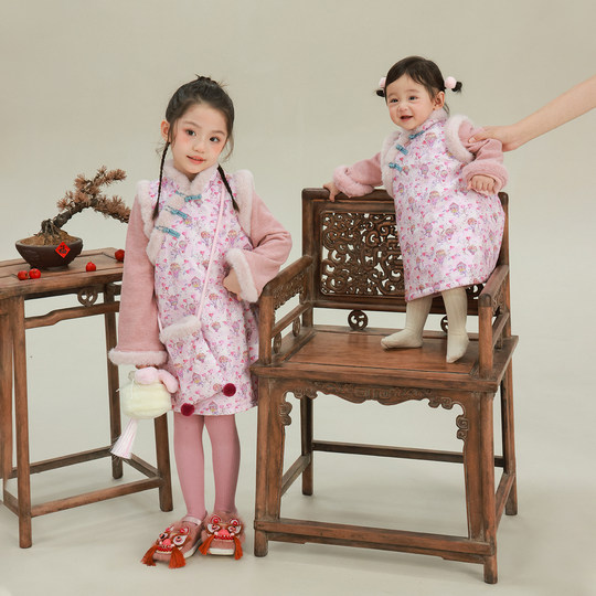 大耳象女童毛绒旗袍裙冬款宝儿夹棉新中式拜年服3M雪丽棉保暖裙子