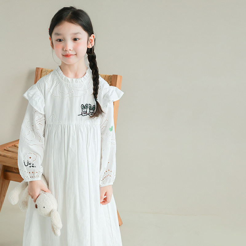 大耳象女童木耳边镂空刺绣连衣裙春季新款儿童纯色洋气纯棉长裙子,淘宝优惠券,粉丝福利购,淘宝优惠卷