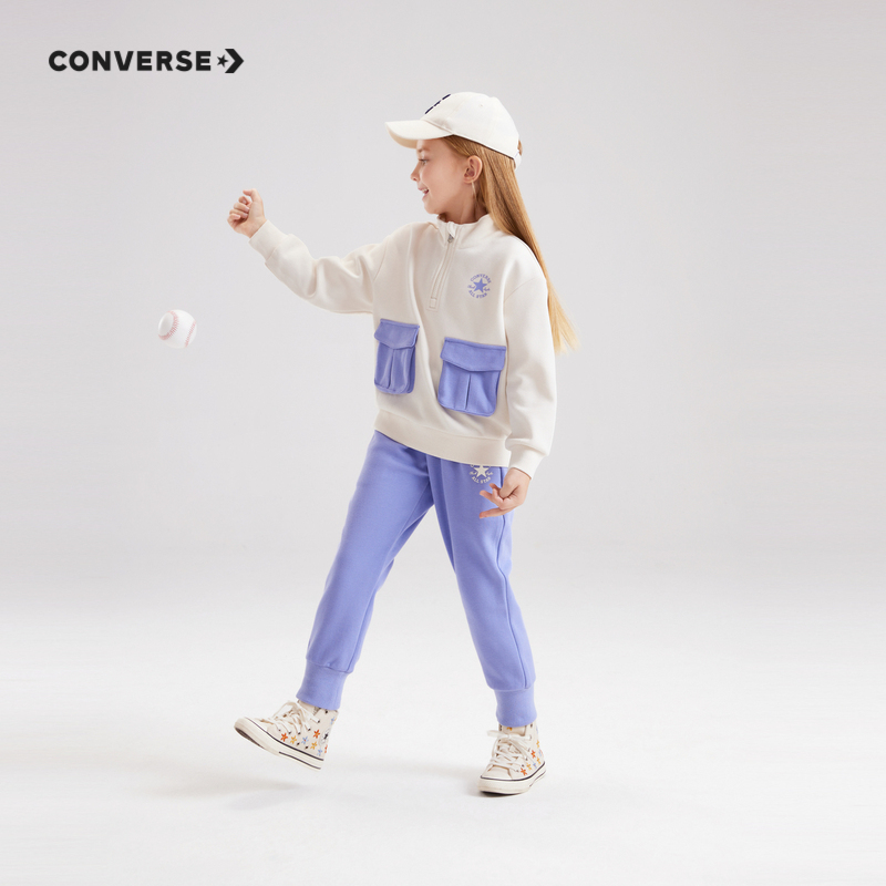 converse匡威童装女童翻领保暖卫衣长裤2件套2023秋新款儿童套装