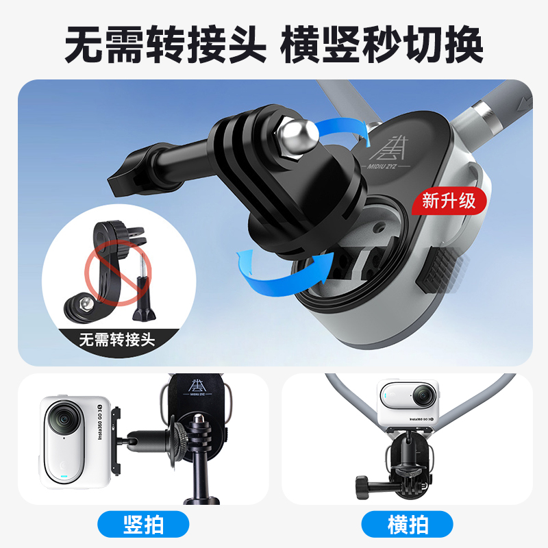 挂脖支架带GoPro转接底座适用影石Insta360GO3S拇指相机第一人称视角横竖拍摄vlog胸前骑行钓鱼户外固定配件 - 图0