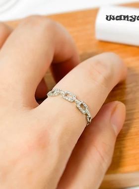 锆石戒指 时尚链环设计复古开口戒指满钻百搭ins轻奢指环