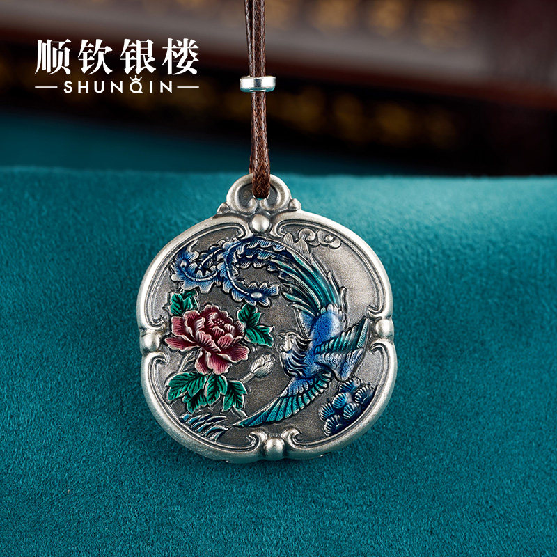 顺钦银楼S999纯银牡丹吊坠挂件国潮古风坠子项链本命年礼物送爱人