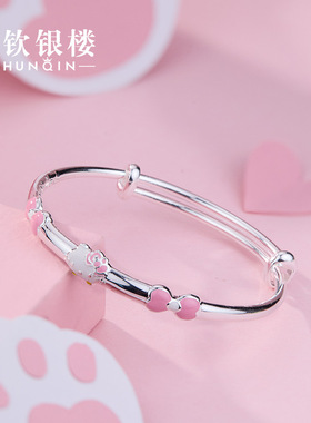 顺钦银楼可爱女S999足银猫咪手镯