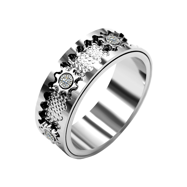 高级感S925银齿轮转动戒指男女潮流纯银镀白金满珠纹机械旋转指环 - 图3