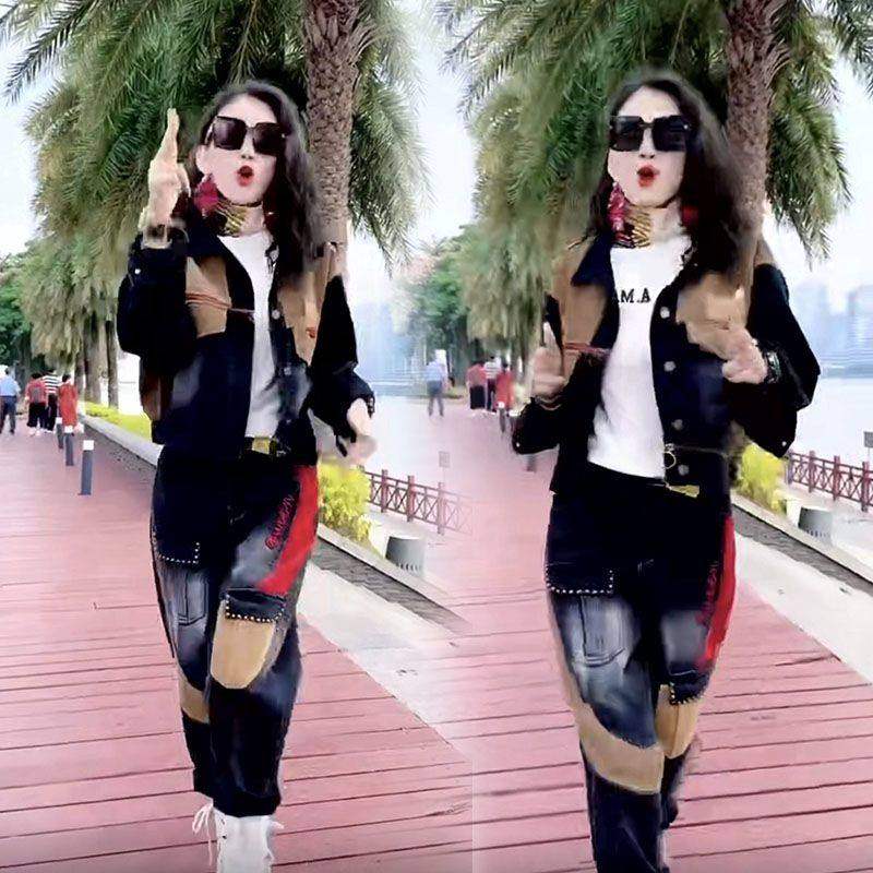 高档牛仔套装女刺绣洋气拼接牛仔女外套宽松牛仔哈伦裤两件套,淘宝优惠券,粉丝福利购,淘宝优惠卷