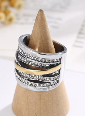 交缠指环多圈闪亮锆石时尚钛钢戒指女复古夸张宽面女间色戒指批发