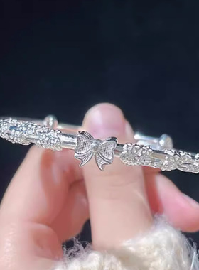 繁花似锦白铜镀银蝴蝶结手镯年轻款推拉女足银999小众手环镯子