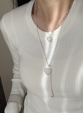 简约小众设计科抽拉镂空爱心吊坠项链女时髦百搭长款心形毛衣链