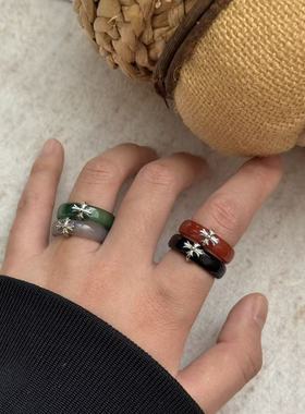 新款时尚天然石素圈克罗十字架戒指女博主同款简约潮流食指指环女