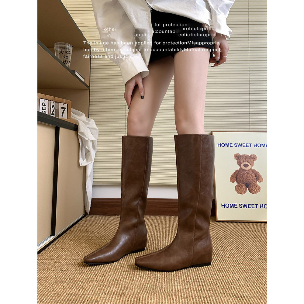 羊皮版~真皮小个子5cm内增高长靴女2026新款方头高筒骑士靴直筒靴,淘宝优惠券,粉丝福利购,淘宝优惠卷