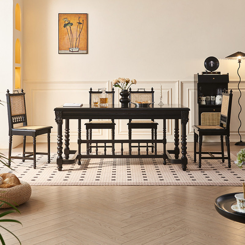 美式实木餐桌复古设计师创意藤编餐椅桌椅组合高级感餐厅酒店桌子,淘宝优惠券,粉丝福利购,淘宝优惠卷