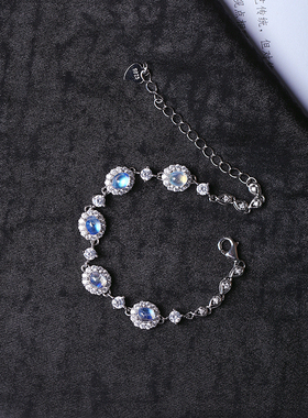 精品彩宝 天然玻璃体蓝月光纯银镶嵌手链 女款水晶月光银手串饰品