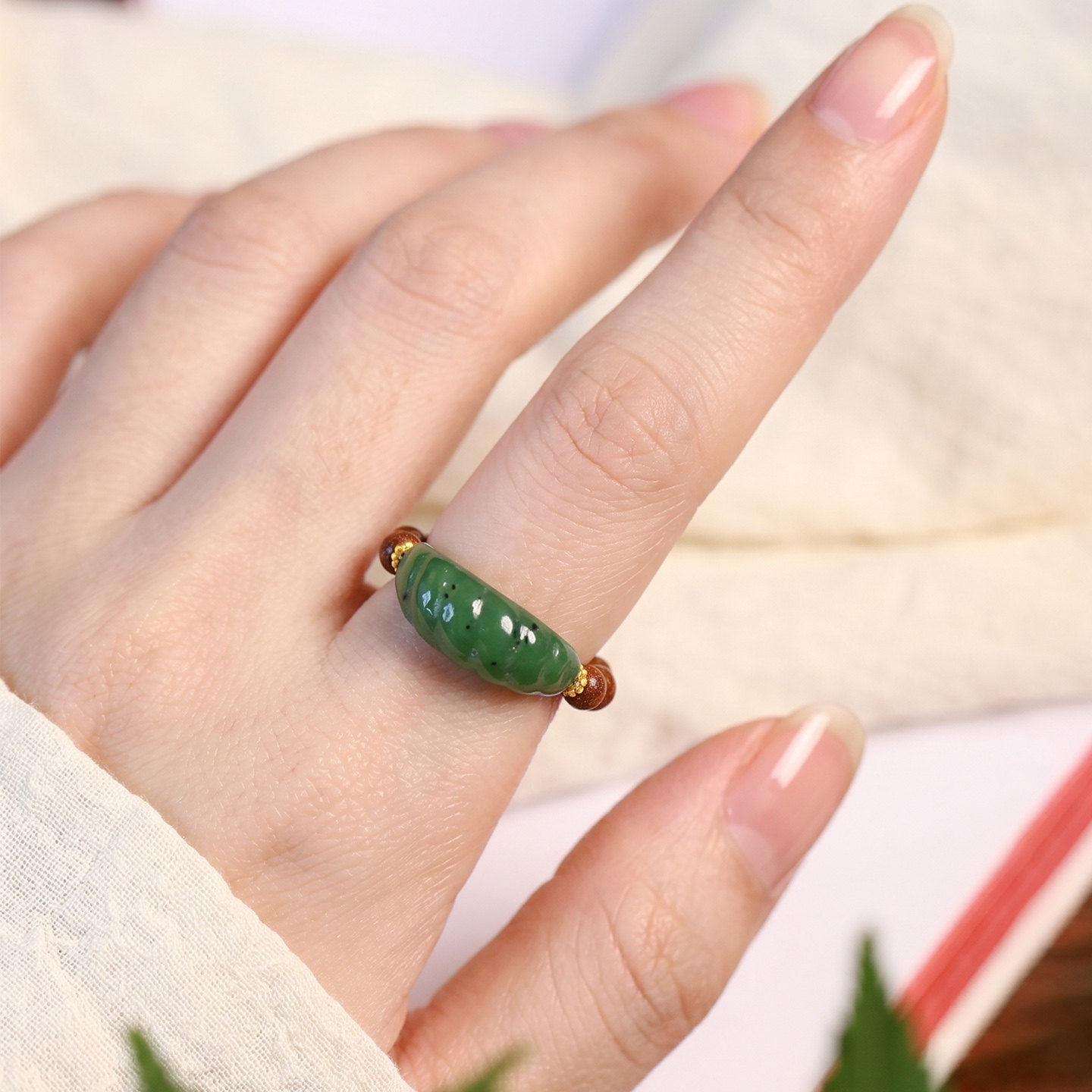 Natural Russian jasper carved croissant with sandalwood original ring shank women's ring jewelry