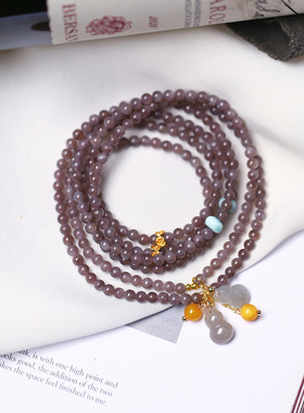 天然和田玉冰料烟紫圆珠原创搭配款三圈手链女款玉石多圈手串饰品