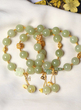 天然和田玉黄口料圆珠原创搭配款手链 女款玉石手串设计款饰品