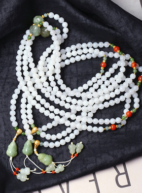 天然和田玉老料白玉圆珠多圈手链搭配青玉貔貅配件原创款手链女款