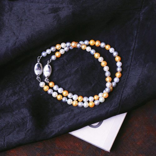 天然淡水珍珠灰金白三色原创手链单圈多宝拼色女款珍珠简约款手串 - 图3