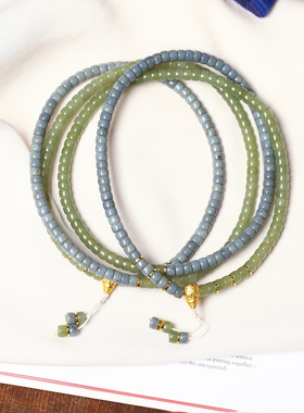 天然和田玉新疆蓝皮料原创双拼直切药片珠款手链佛珠链男女款