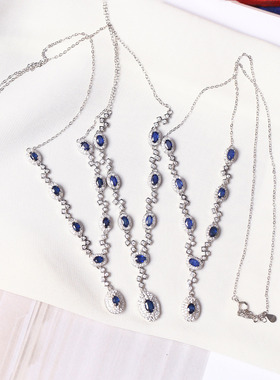 精品彩宝 天然蓝宝石纯银镶嵌款项链 女款精工银镶嵌蓝宝石饰品