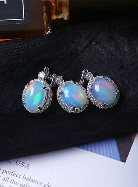 精品彩宝 天然欧珀蛋面裸石纯银镶嵌款吊坠 女款欧泊饰品火彩好