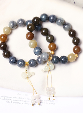 天然和田玉新疆料青花籽料搭配且末糖原创款单圈手链女款玉石手串