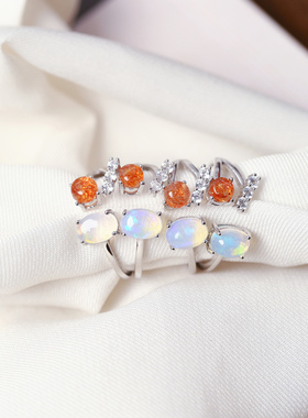 精品彩宝 天然欧泊搭配金太阳纯银镶嵌款戒指 女款彩宝戒指饰品