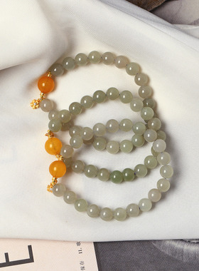 天然和田玉冰料烟灰圆珠原创搭配款手链 女款玉石手串饰品礼物