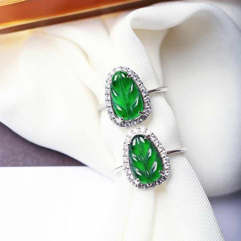 天然A货翡翠危料帝王绿叶子纯银镶款戒指 女款时尚翡翠戒指饰品,淘宝优惠券,粉丝福利购,淘宝优惠卷