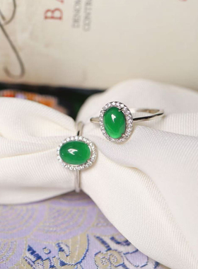 天然A货翡翠危料帝王绿蛋面纯银镶嵌款戒指 女款翡翠指环饰品