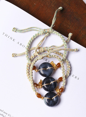 天然和田玉青花籽料平安扣原创编织款手链手绳男女款玉石手串饰品