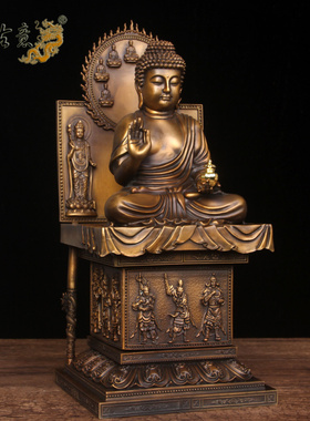 真古意 铜药师佛佛像摆件 带日月光菩萨和12夜叉神将可转动工艺品