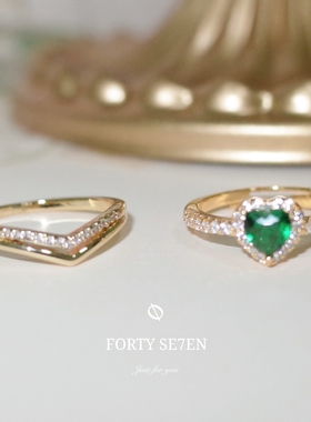 《萤火虫の森》保色原创日系心形爱心戒指指环仿制祖母绿可调节