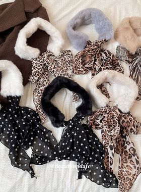 美式复古豹纹毛领飘带围巾轻奢高级感冬季保暖护颈防风百搭围脖女