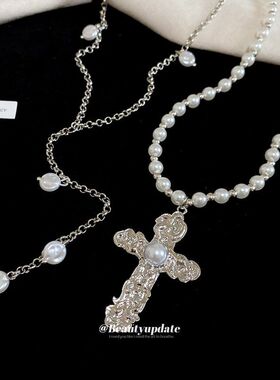 冷淡风小众ins链颈链十字架毛衣链项链珍珠韩系风双层设计感锁骨