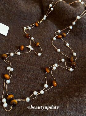 虎眼石串珠叠带珍珠项链复古优雅气质百搭毛衣链轻奢高级感颈链女