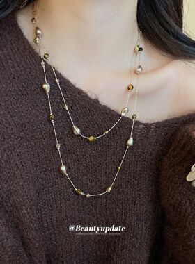 美拉德真金轻奢毛衣链颈链珍珠项链18k电镀高级感复古虎眼石气质