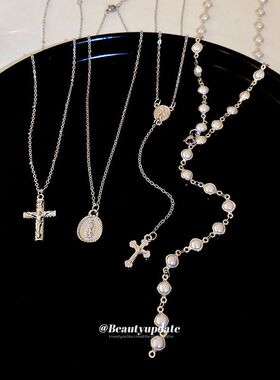 Y2K辣妹十字架珍珠项链套装精致