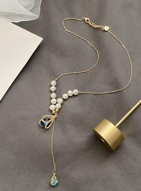 XKDDCT淡水项链铜镀真金水滴蓝吊