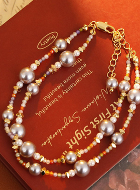 XKDDCT双层叠戴曼塔玫瑰色珍珠手