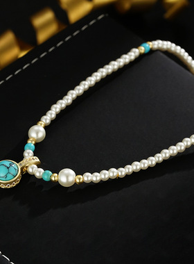 XKDDCT绿松石吊坠珍珠项链女秋冬