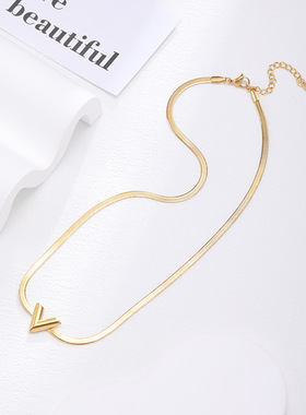 XKDDCT欧美扁蛇链V字金色锁骨链