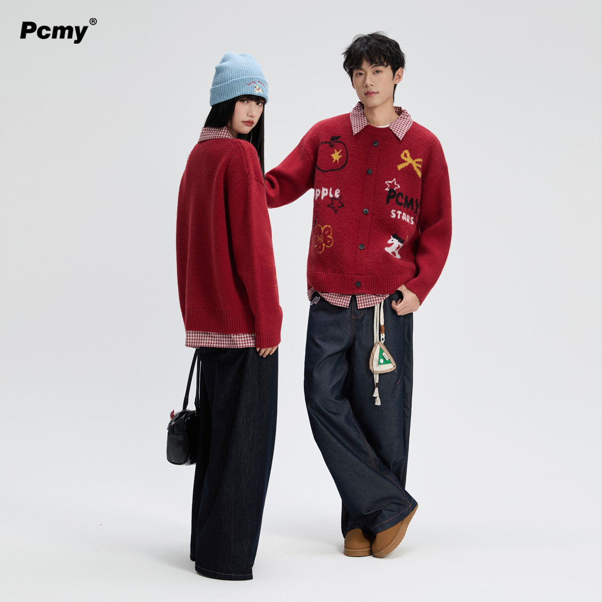 PCMY假两件红色毛衣男女冬季2026跨年穿搭新年款慵懒风情侣针织衫,淘宝优惠券,粉丝福利购,淘宝优惠卷