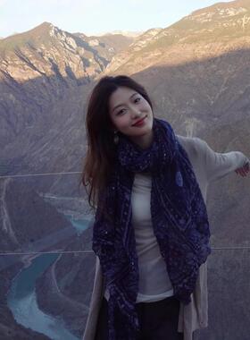 森系民族风印花褶皱棉麻围巾女复古文艺长款蓝色丝巾旅游拍照披肩