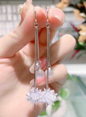 s925银针长款紫色冰花猫眼石流苏