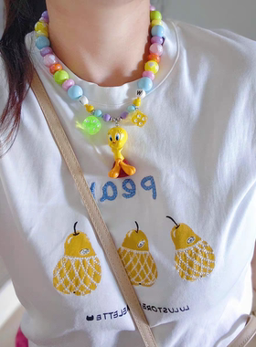 JMH小吴同学 原创翠儿崔迪翠弟tweety中古玩偶串珠项链童趣锁骨链