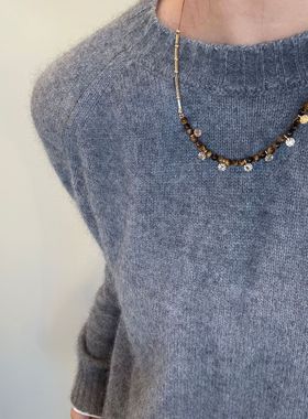 黑色小猫吊坠双层叠戴天然石虎眼石串珠项链大地色复古小众毛衣链