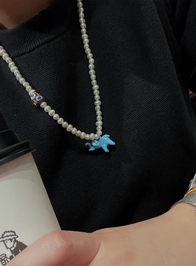 蓝色小象吊坠项链女天然珍珠串珠锁骨链小众高级感气质百搭锁骨链