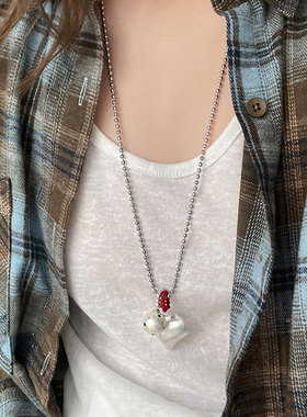 银色爱心波点珍珠项链