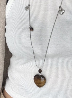 钛钢多元素项链韩国时尚百搭ins天然石爱心吊坠项链甜酷长款项链