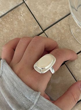 新款个性小众设计白色滴釉欧美复古时尚玉髓开口戒指法式简约戒指